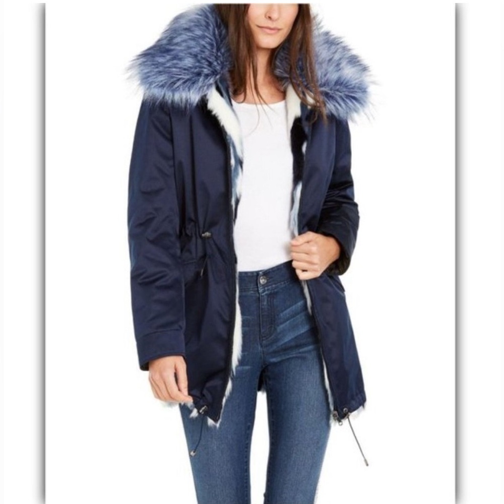 INC NWT Women's Navy‎ Reversible Faux Fur Trim Parka with Mixed Faux Fur Lining